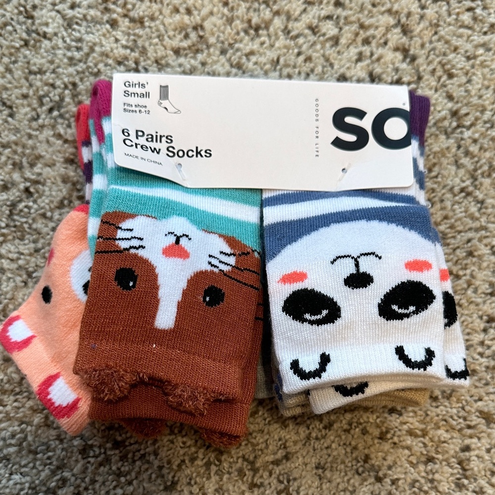 NWT SO Girls' Colorful Animal Crew Socks Set fits shoe size 6-12 toddler